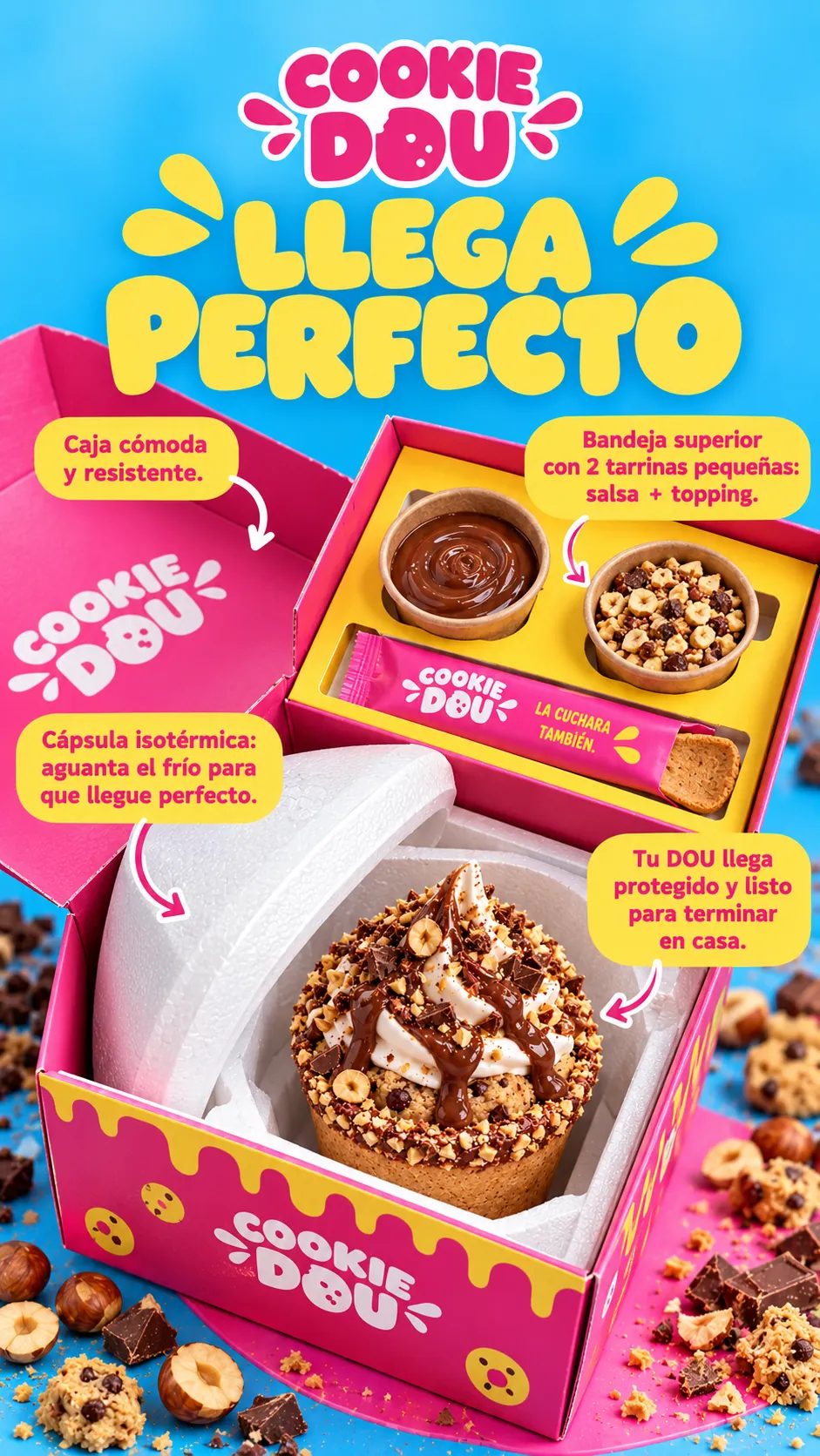 Caja de Cookie Dou abierta con la cápsula isotérmica y la bandeja de tarrinas