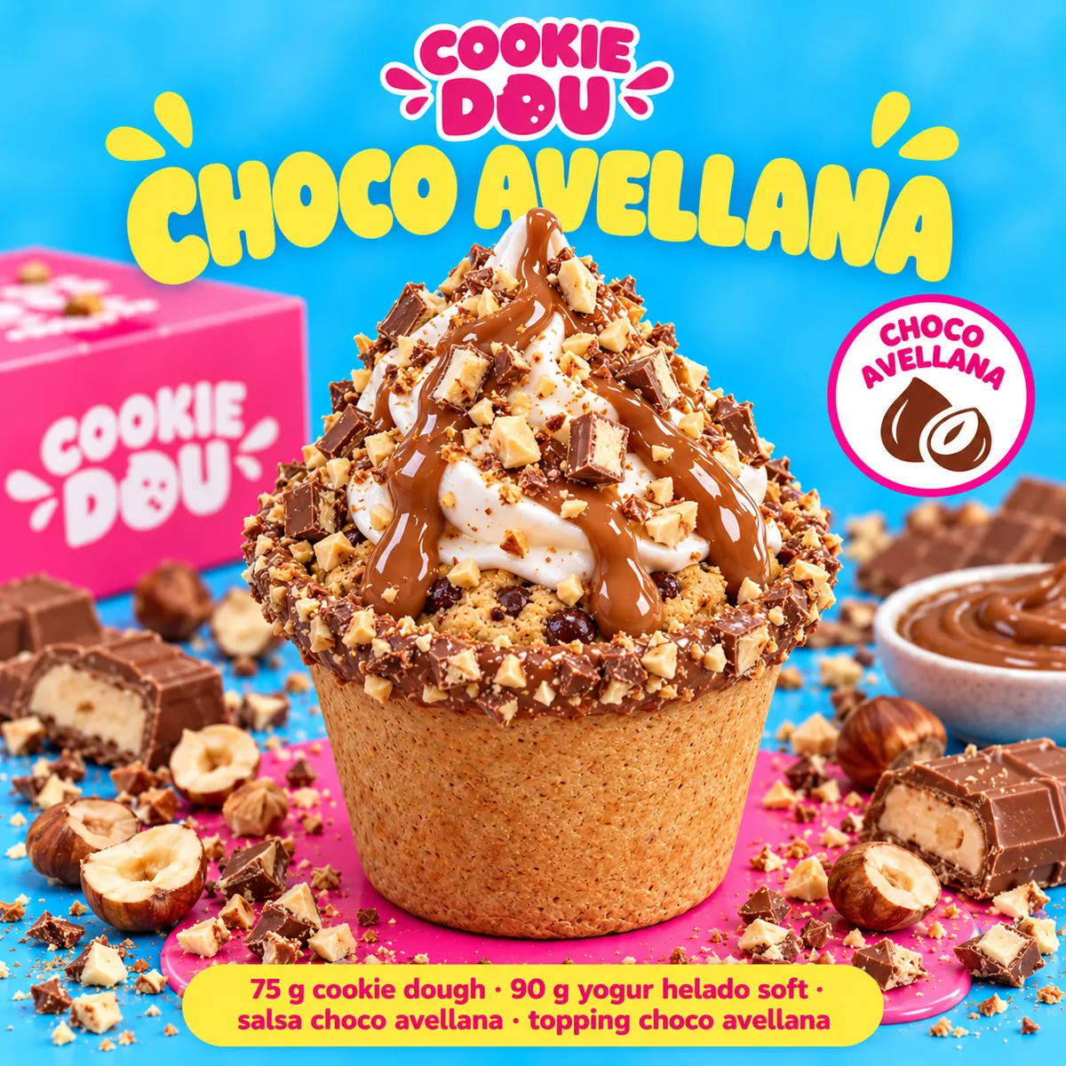 DOU Choco Avellana: cookie dough de chocolate y avellana con yogur helado en vaso de galleta