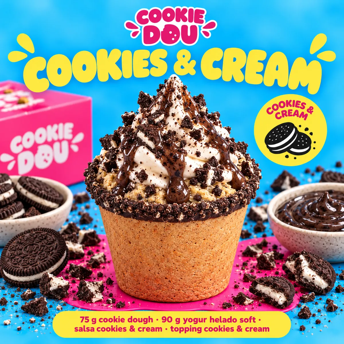 DOU Cookies & Cream: cookie dough cookies and cream con yogur helado en vaso de galleta