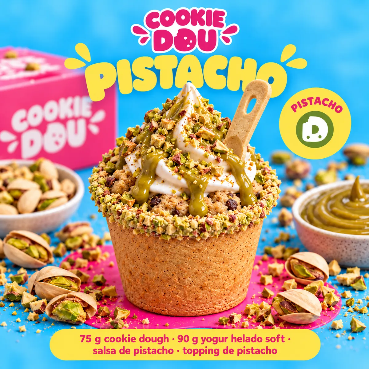 DOU Pistacho: cookie dough de pistacho con yogur helado en vaso de galleta
